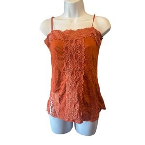 Lily‎ White Women Y2K Coquette Crinkle Lace Trim Cami L Rust Fairy Earthy Boho
